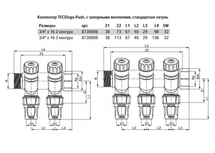 Коллектор TECE TECElogo с запорными вентилями, push-fit 16 х 3/4 2 контура