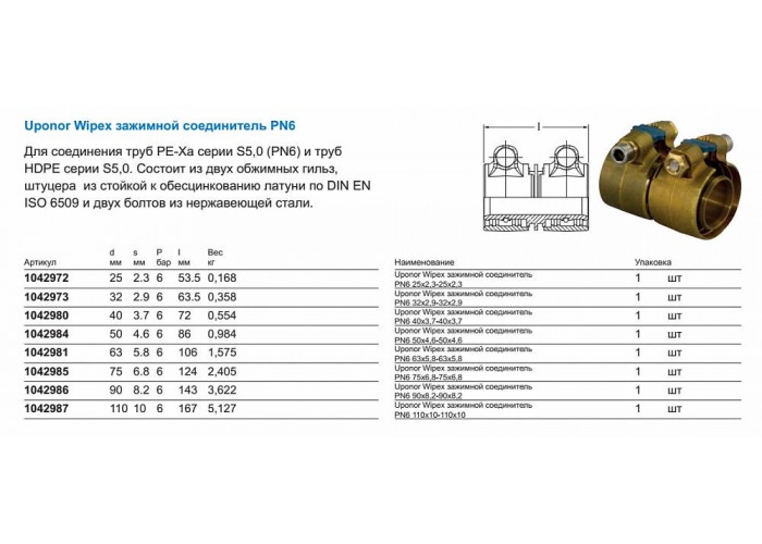 Зажимной соединитель Uponor WIPEX ЗАЖИМНОЙ СОЕДИНИТЕЛЬ PN6 25X2,3-25X2,3