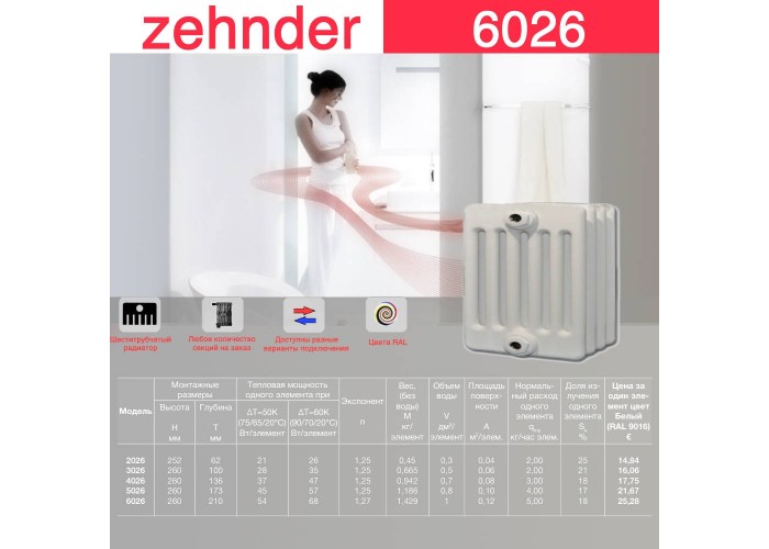 Стальной трубчатый радиатор Zehnder 6026
