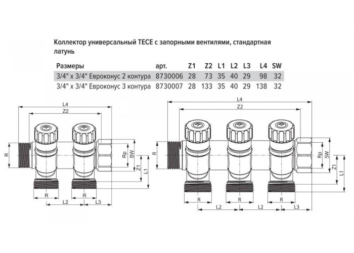 Коллектор TECE универсальный с запорными вентилями 3/4х3/4ЕК 2 контура