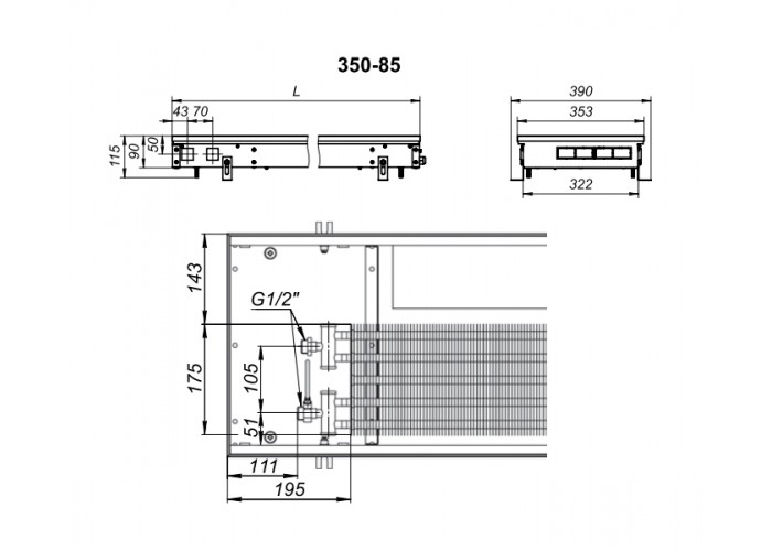 Внутрипольный конвектор с вентилятором Techno KVZV 350-85-2200