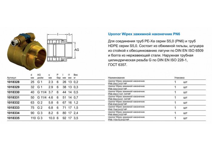 Зажимной наконечник Uponor WIPEX ЗАЖИМНОЙ НАКОНЕЧНИК PN6 32X2,9-G1 НР