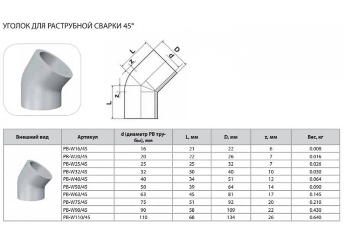 Уголок Thermaflex 45гр. для раструбной сварки PB-W50/45