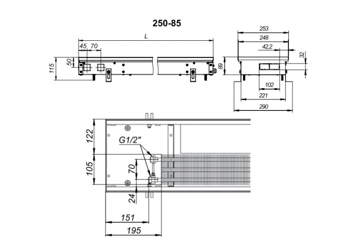 Внутрипольный конвектор с вентилятором Techno KVZV 250-85-1200
