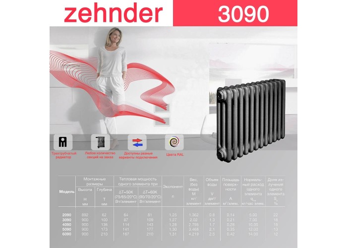 Стальной трубчатый радиатор Zehnder 3090