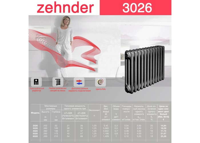 Стальной трубчатый радиатор Zehnder 3026