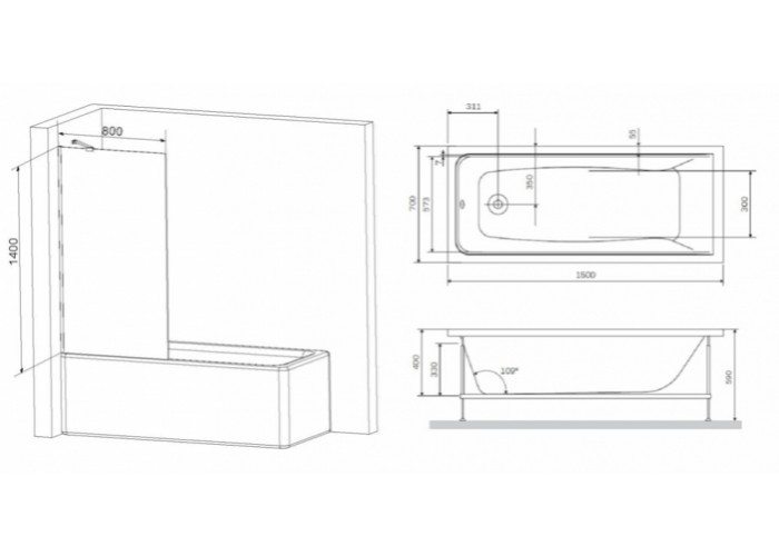 Ванна с каркасом и шторкой на борт ванны AM.PM Gem W90ASET-150W90BS80CT