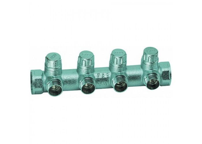 Запорный коллектор FAR 1 (ВР-НР) с 4 отводами 1/2 НР (межосевое 45 мм)