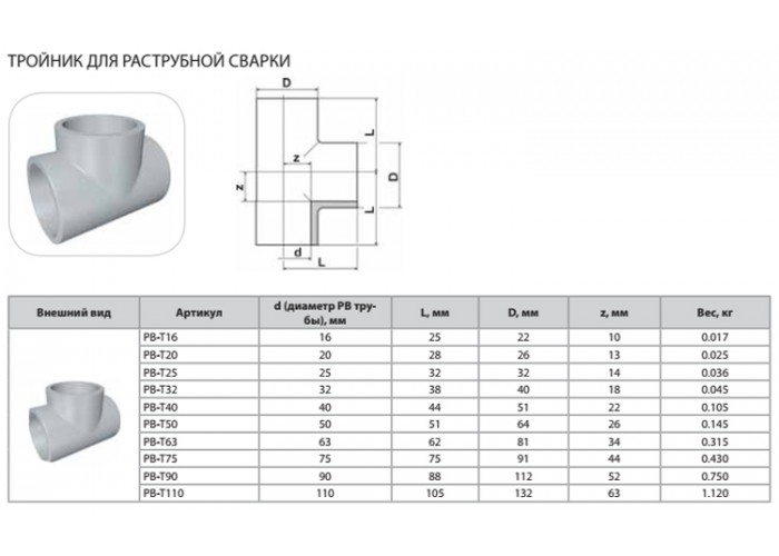 Тройник Thermaflex для раструбной сварки PB-T20