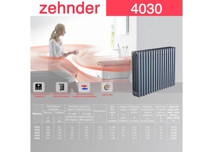 Стальной трубчатый радиатор Zehnder 4030