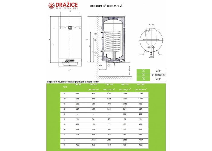 Комбинированный бойлер Drazice OKC 125/1 m2