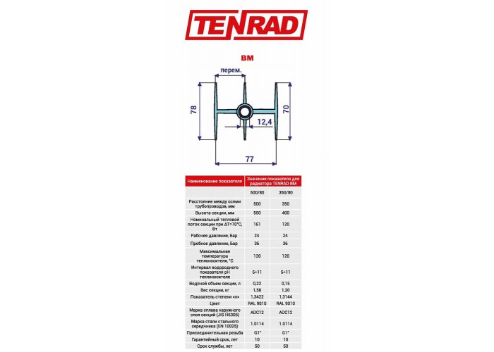 Биметаллический секционный радиатор отопления Tenrad BM 500*80 / 1 секция
