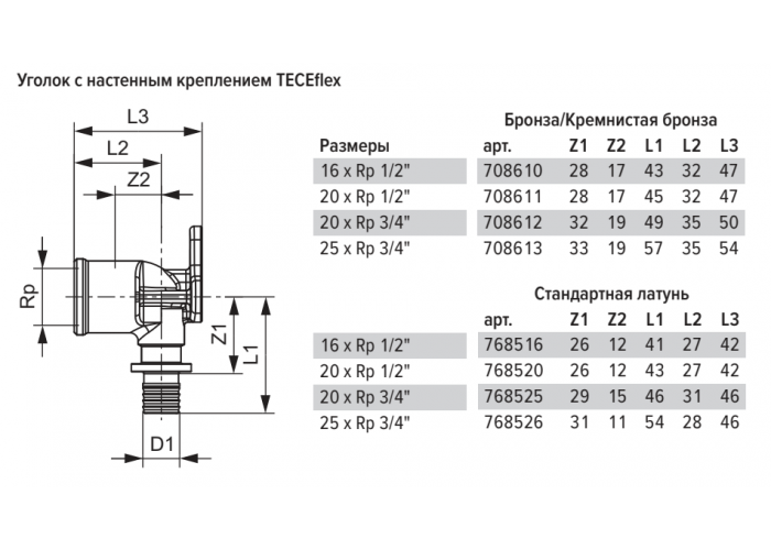 Уголок TECE TECEflex с настенным креплением 20 х 1 2, латунь, внутренняя резьба